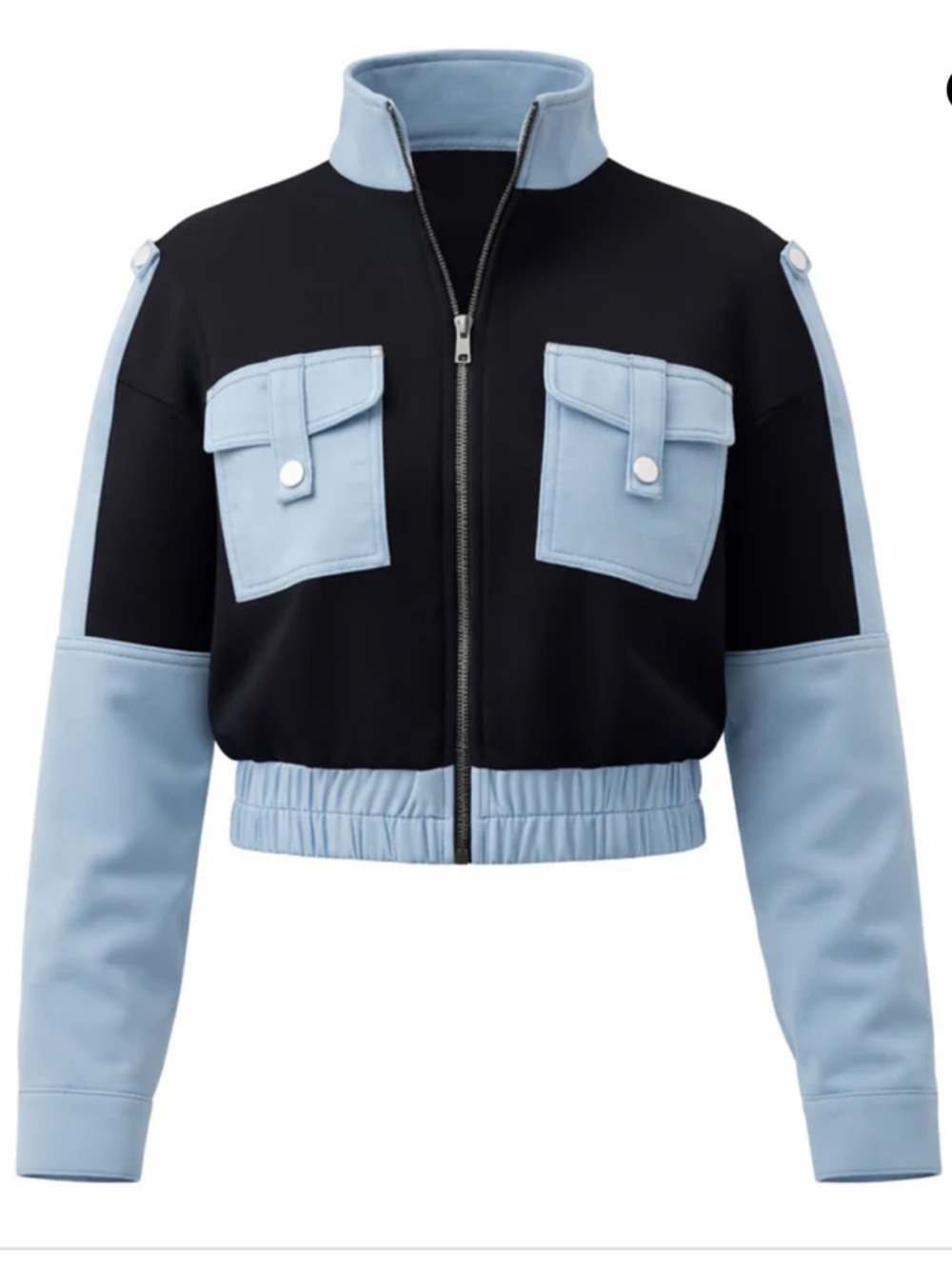 Aleeza Paris The Ellis Jacket - Black and Light Blue Cropped Bomber NWT’s XS